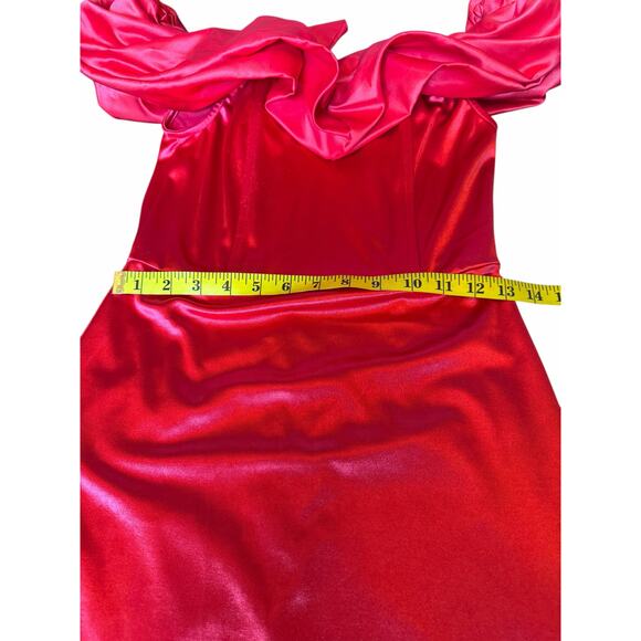 Off Shoulder Red Satin Mini Dress - Size M - Picture 6 of 12